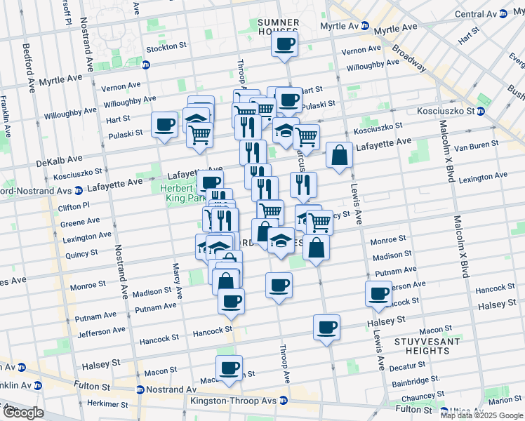 map of restaurants, bars, coffee shops, grocery stores, and more near 499 Lexington Avenue in Brooklyn