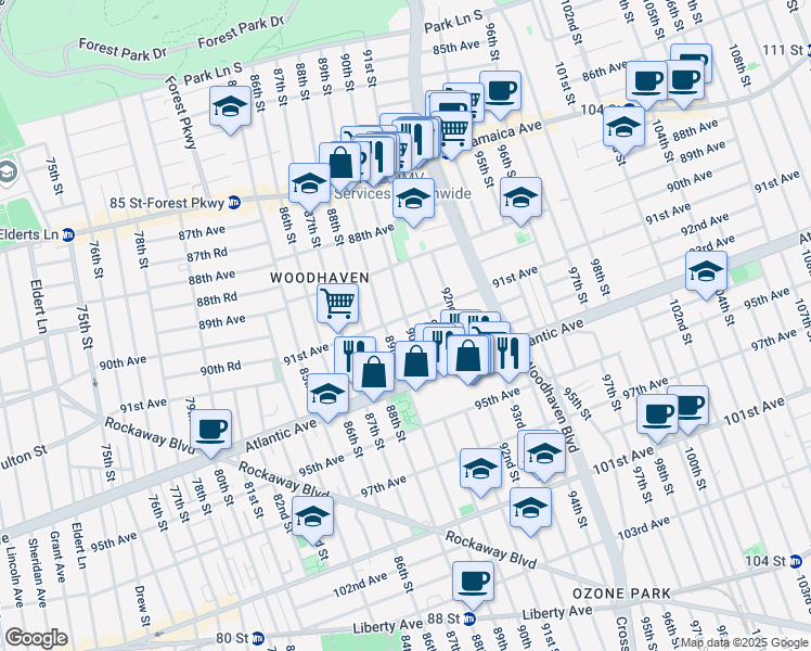 map of restaurants, bars, coffee shops, grocery stores, and more near 90-16 91st Avenue in Queens