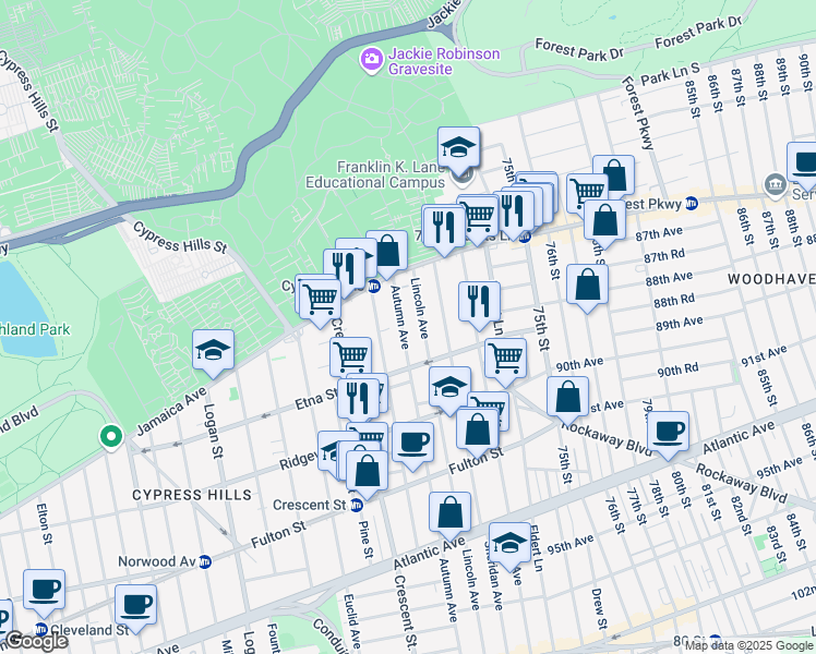 map of restaurants, bars, coffee shops, grocery stores, and more near 67 Autumn Avenue in Brooklyn