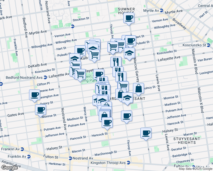 map of restaurants, bars, coffee shops, grocery stores, and more near 449 Lexington Avenue in Brooklyn