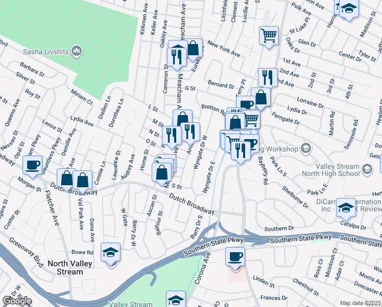map of restaurants, bars, coffee shops, grocery stores, and more near 1300 O Street in Elmont