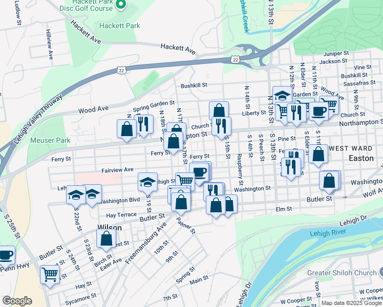 map of restaurants, bars, coffee shops, grocery stores, and more near 1623 Ferry Street in Easton