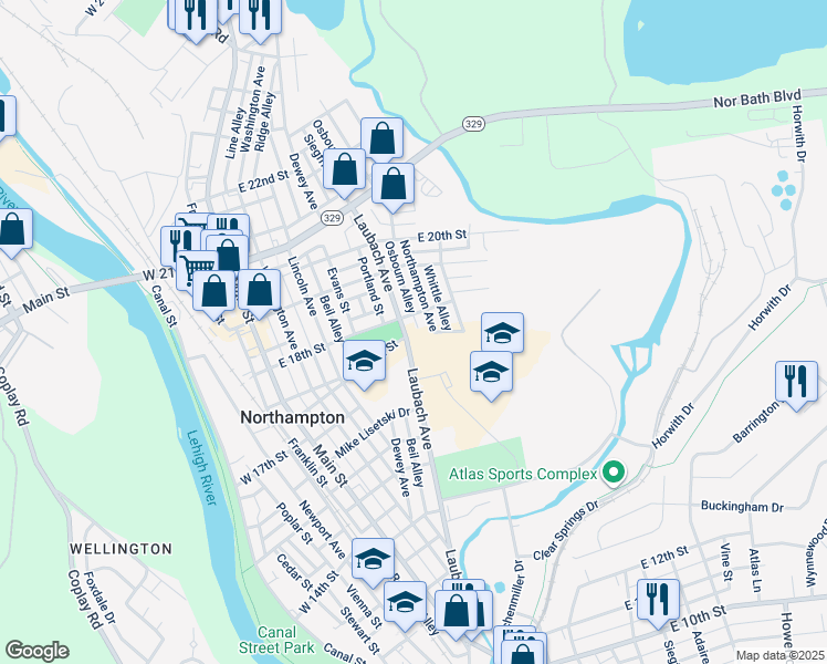 map of restaurants, bars, coffee shops, grocery stores, and more near 1737 Laubach Avenue in Northampton