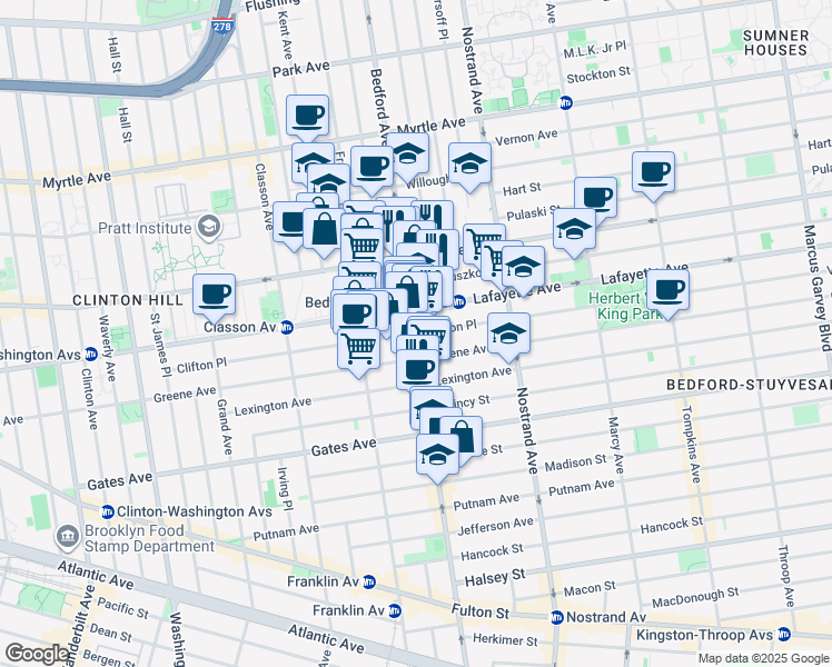 map of restaurants, bars, coffee shops, grocery stores, and more near Bedford Avenue & Clifton Place in Brooklyn
