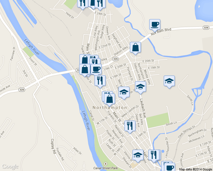 map of restaurants, bars, coffee shops, grocery stores, and more near 1836 Washington Avenue in Northampton