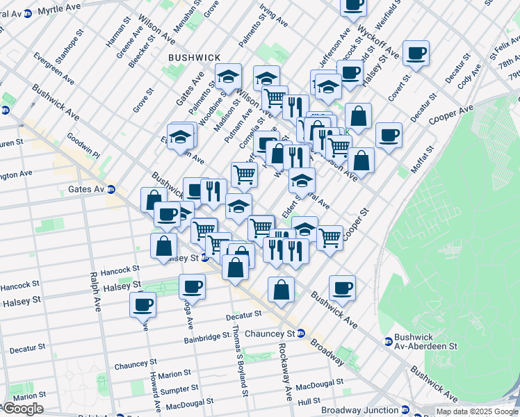 map of restaurants, bars, coffee shops, grocery stores, and more near 648 Evergreen Avenue in Brooklyn