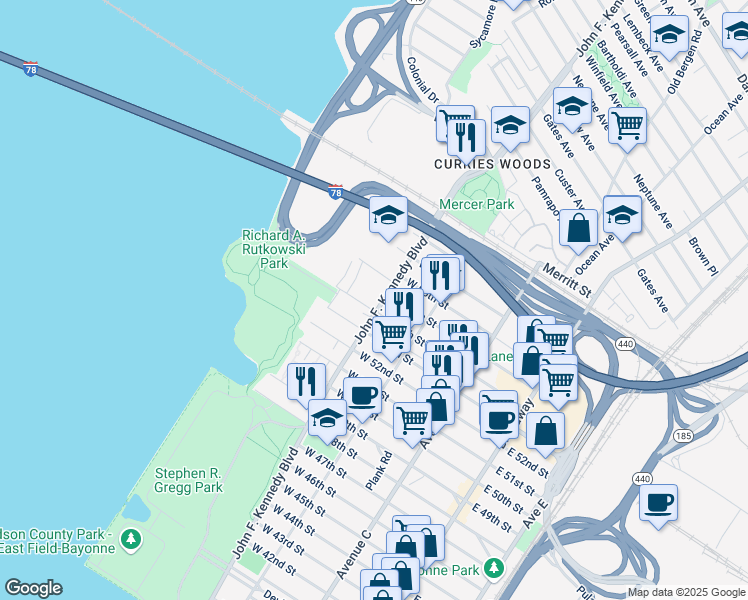map of restaurants, bars, coffee shops, grocery stores, and more near 1224 John F. Kennedy Boulevard in Bayonne