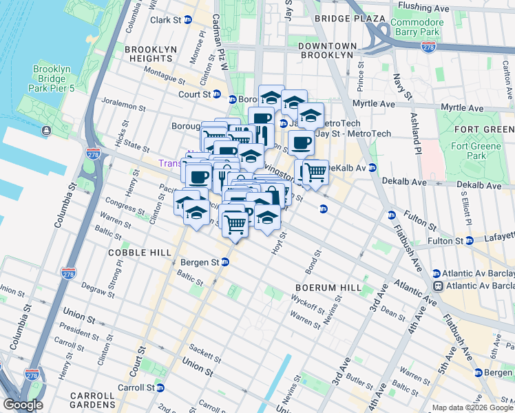 map of restaurants, bars, coffee shops, grocery stores, and more near 307 Atlantic Avenue in Brooklyn