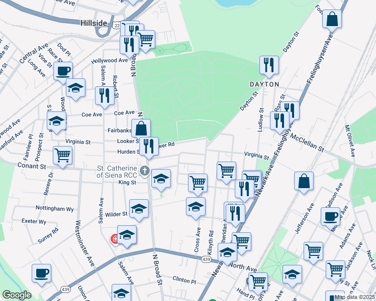 map of restaurants, bars, coffee shops, grocery stores, and more near 1401 Lower Road in Elizabeth