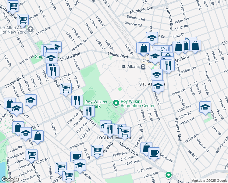 map of restaurants, bars, coffee shops, grocery stores, and more near 178-50 Linden Boulevard in Queens