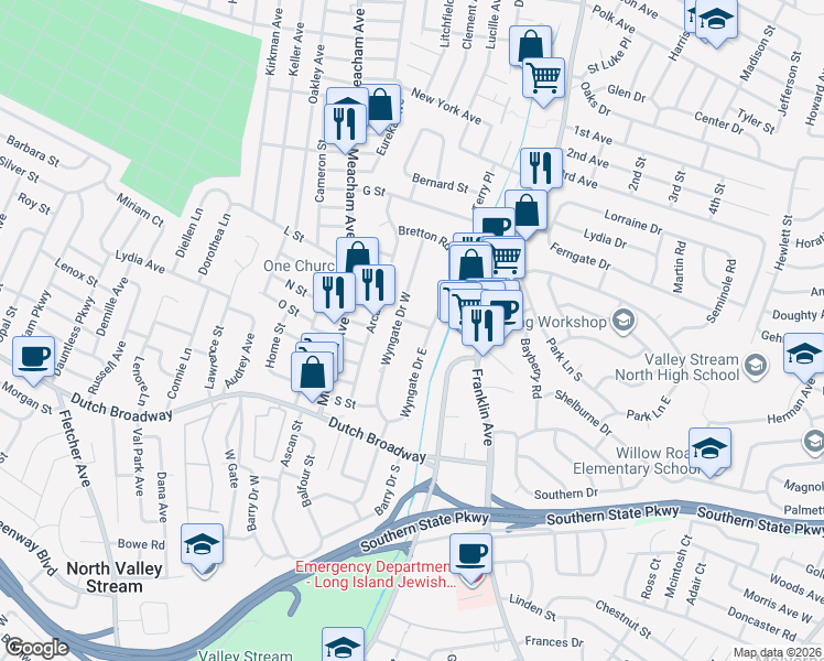 map of restaurants, bars, coffee shops, grocery stores, and more near 1264 Ixworth Road in Valley Stream