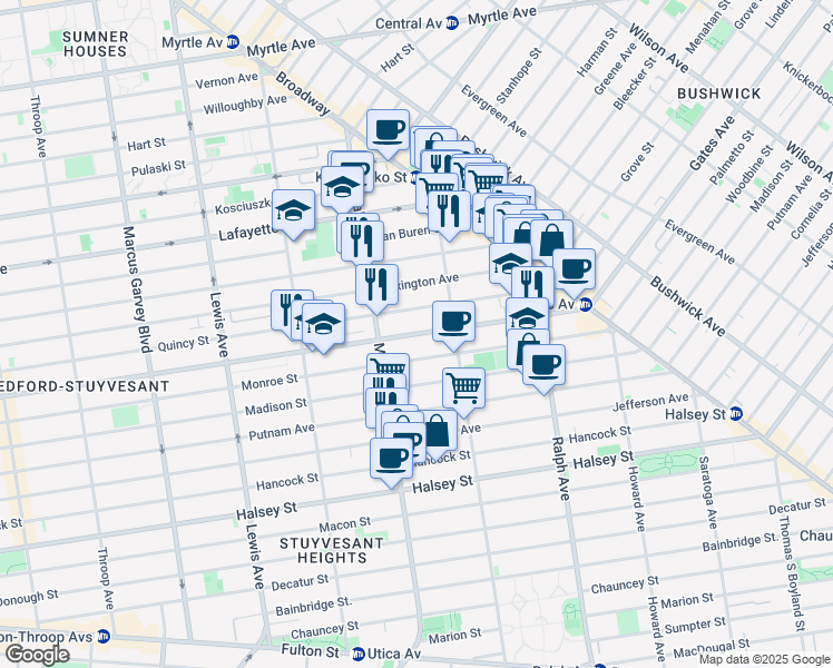map of restaurants, bars, coffee shops, grocery stores, and more near Gates Avenue in Brooklyn
