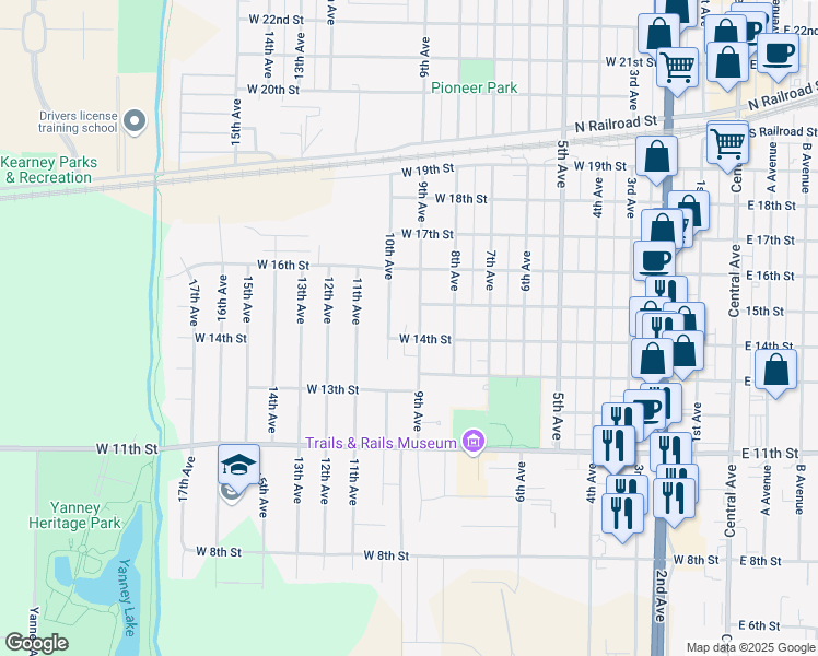 map of restaurants, bars, coffee shops, grocery stores, and more near 1402 9th Avenue in Kearney