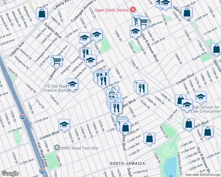 map of restaurants, bars, coffee shops, grocery stores, and more near 111-11 153rd Street in Queens