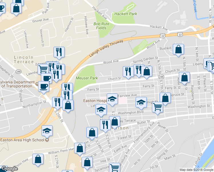 map of restaurants, bars, coffee shops, grocery stores, and more near 2116 Northampton Street in Easton