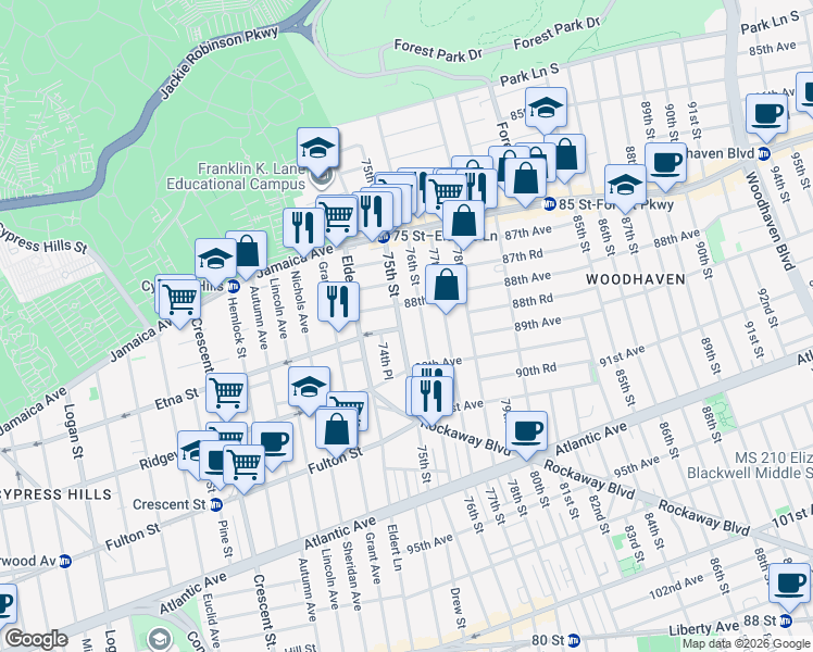 map of restaurants, bars, coffee shops, grocery stores, and more near 74-38 88th Avenue in Queens
