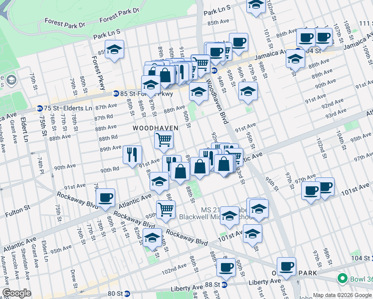 map of restaurants, bars, coffee shops, grocery stores, and more near 89-03 91st Avenue in Queens