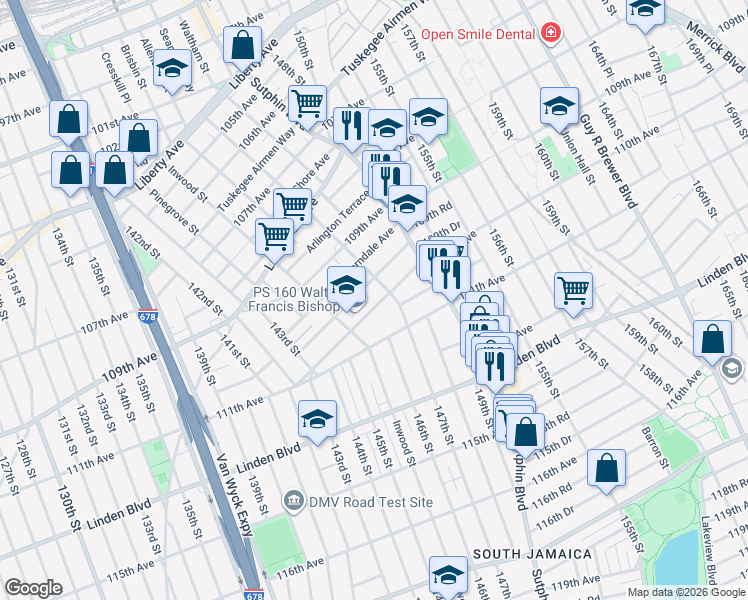 map of restaurants, bars, coffee shops, grocery stores, and more near 10966 Liverpool Street in Queens