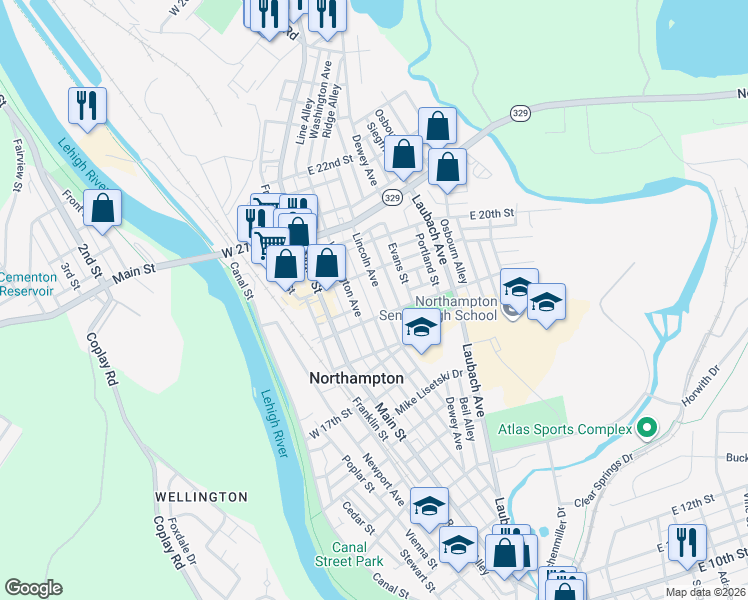 map of restaurants, bars, coffee shops, grocery stores, and more near 1802 Lincoln Avenue in Northampton