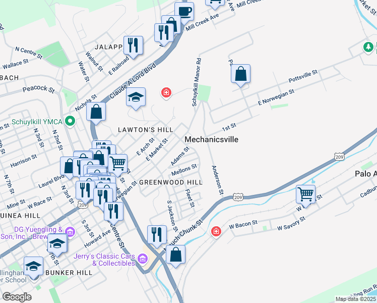 map of restaurants, bars, coffee shops, grocery stores, and more near 109 South Wolfe Street in Pottsville
