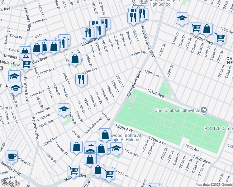 map of restaurants, bars, coffee shops, grocery stores, and more near 12136 Nashville Boulevard in Queens