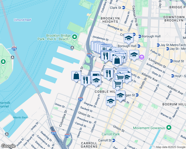 map of restaurants, bars, coffee shops, grocery stores, and more near 401 Hicks Street in Brooklyn