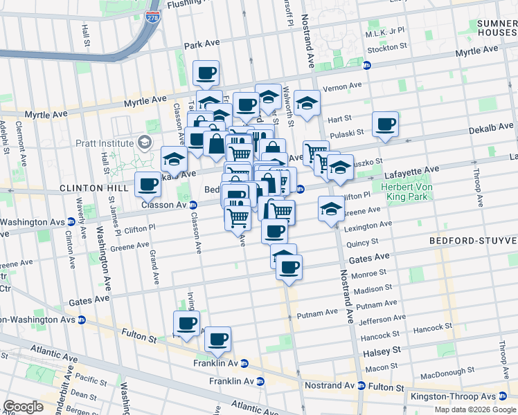 map of restaurants, bars, coffee shops, grocery stores, and more near 476 Lafayette Avenue in Brooklyn