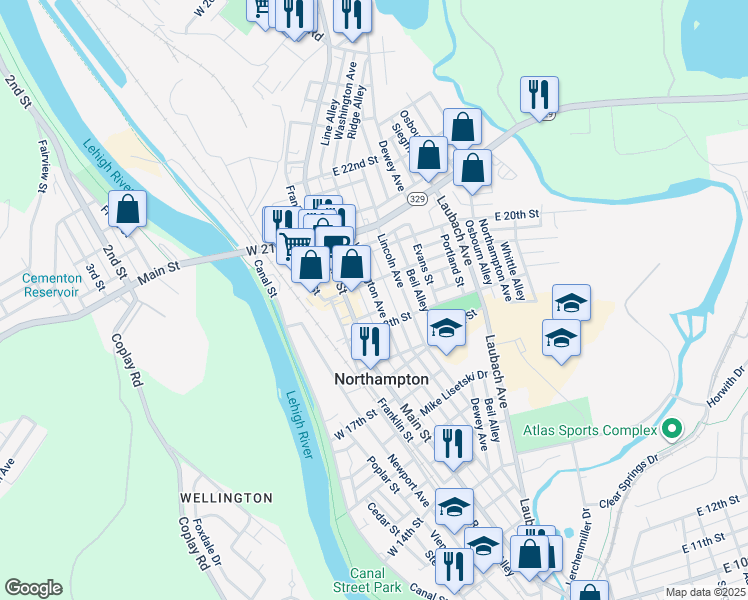map of restaurants, bars, coffee shops, grocery stores, and more near 1836 Washington Avenue in Northampton