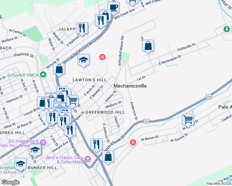 map of restaurants, bars, coffee shops, grocery stores, and more near 109 South Wolfe Street in Pottsville