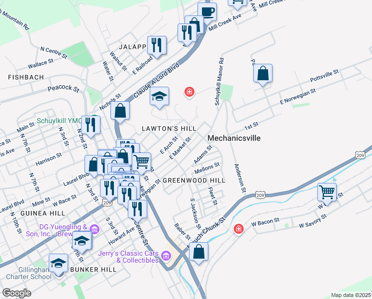 map of restaurants, bars, coffee shops, grocery stores, and more near in Pottsville