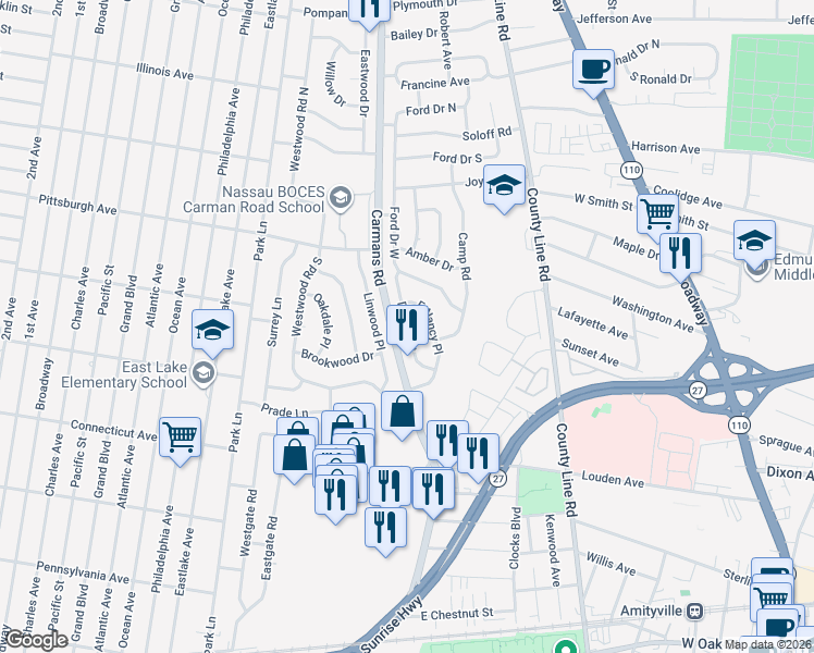 map of restaurants, bars, coffee shops, grocery stores, and more near 18 Denise Street in Massapequa
