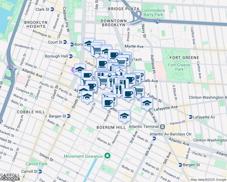map of restaurants, bars, coffee shops, grocery stores, and more near 240 Livingston Street in Brooklyn