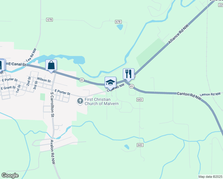 map of restaurants, bars, coffee shops, grocery stores, and more near 3266 Coral Road Northwest in Malvern