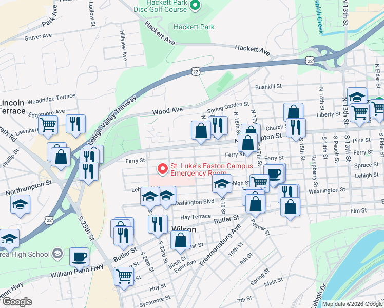 map of restaurants, bars, coffee shops, grocery stores, and more near 2010 Northampton Street in Easton