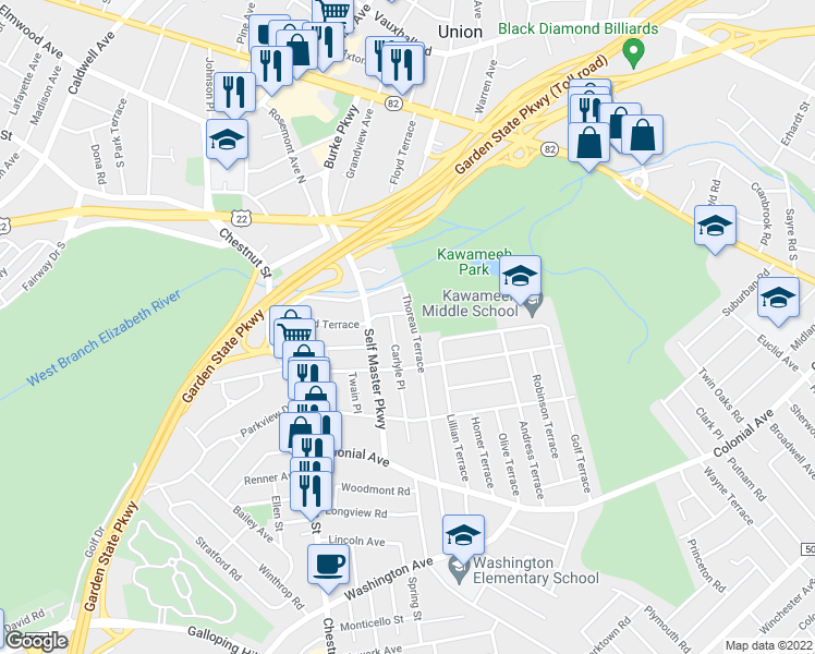 map of restaurants, bars, coffee shops, grocery stores, and more near 696 Thoreau Terrace in Union