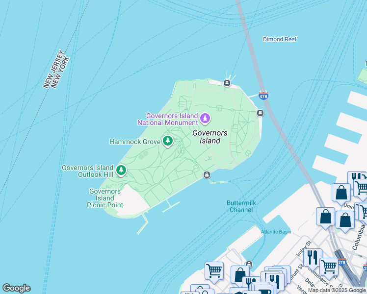 map of restaurants, bars, coffee shops, grocery stores, and more near 1 Governors Island in New York