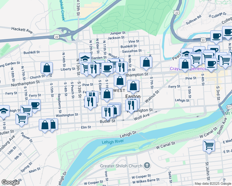 map of restaurants, bars, coffee shops, grocery stores, and more near 1032 Ferry Street in Easton