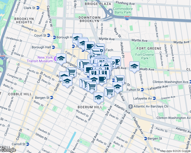 map of restaurants, bars, coffee shops, grocery stores, and more near 274 Livingston Street in Brooklyn