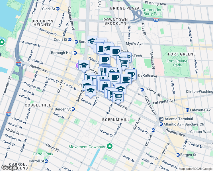map of restaurants, bars, coffee shops, grocery stores, and more near 200 Schermerhorn Street in Brooklyn