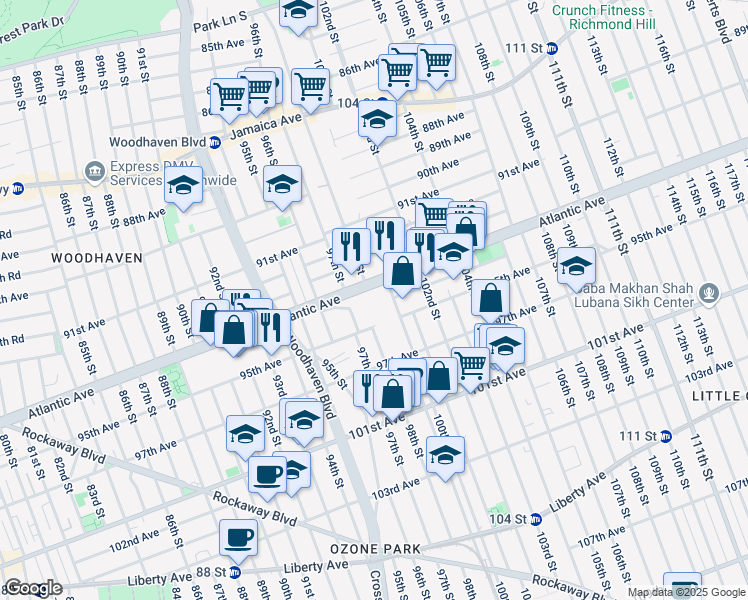 map of restaurants, bars, coffee shops, grocery stores, and more near 97-14 Atlantic Avenue in Queens