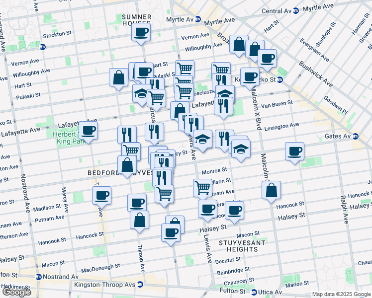 map of restaurants, bars, coffee shops, grocery stores, and more near 218 Lewis Avenue in Brooklyn