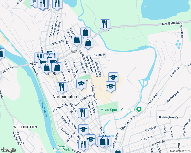 map of restaurants, bars, coffee shops, grocery stores, and more near 1708 Northampton Avenue in Northampton