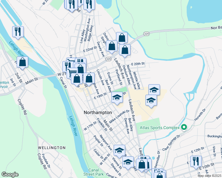map of restaurants, bars, coffee shops, grocery stores, and more near 205 East 18th Street in Northampton