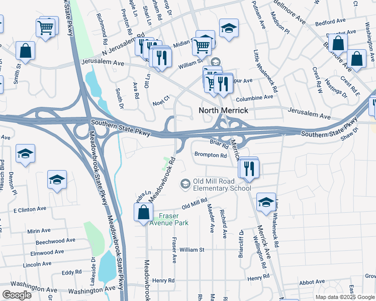 map of restaurants, bars, coffee shops, grocery stores, and more near 46 Brixton Road in Merrick