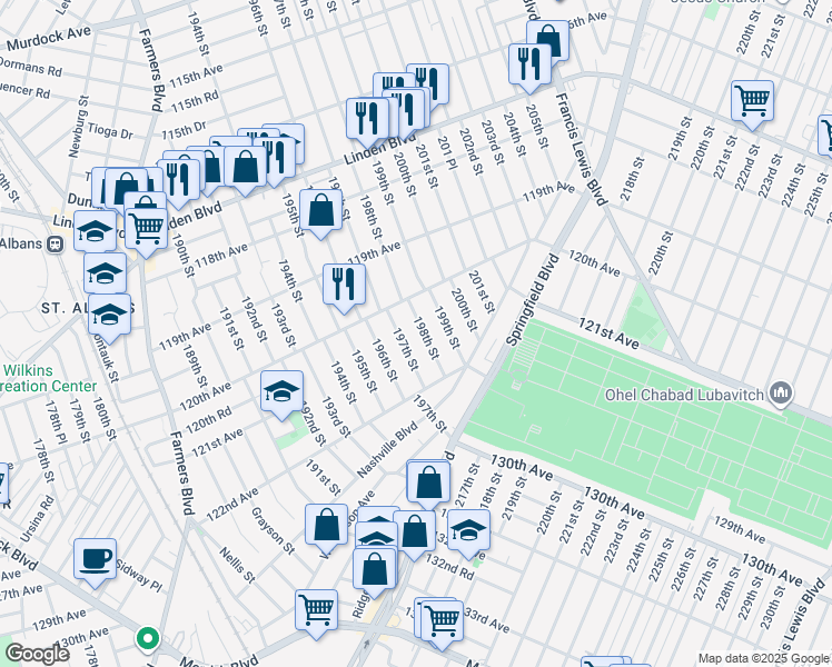 map of restaurants, bars, coffee shops, grocery stores, and more near 120-21 197th Street in Queens