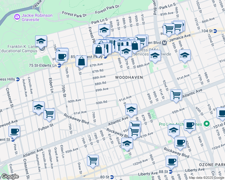 map of restaurants, bars, coffee shops, grocery stores, and more near 8066 89th Avenue in Queens