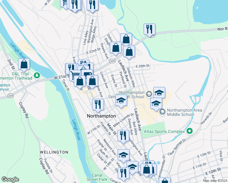 map of restaurants, bars, coffee shops, grocery stores, and more near 205 East 18th Street in Northampton