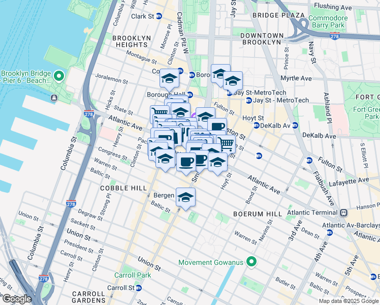 map of restaurants, bars, coffee shops, grocery stores, and more near 252 Atlantic Avenue in Brooklyn