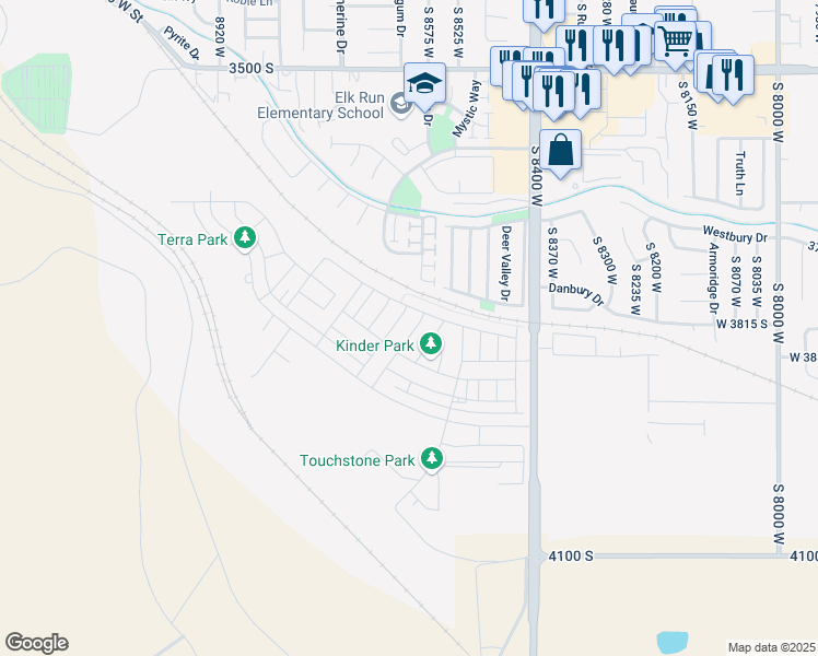 map of restaurants, bars, coffee shops, grocery stores, and more near 3820 South Landmark Lane in Magna