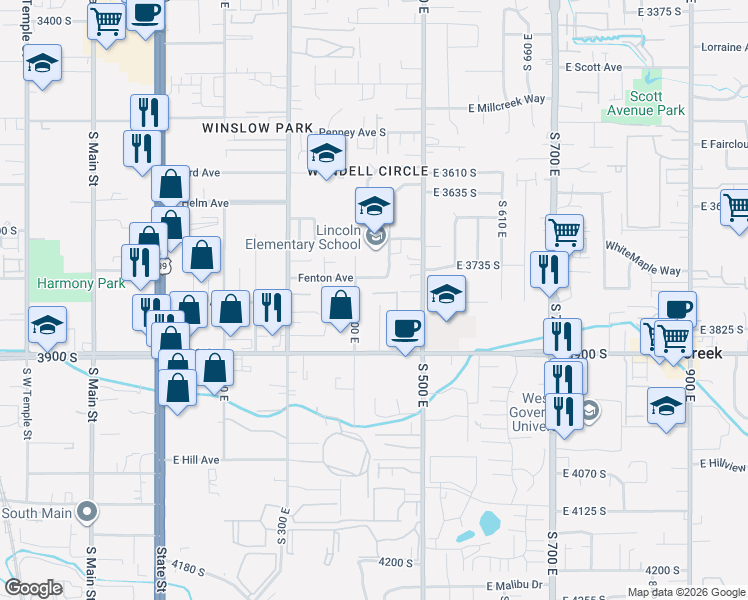 map of restaurants, bars, coffee shops, grocery stores, and more near 434 South Mitchell Cove in South Salt Lake